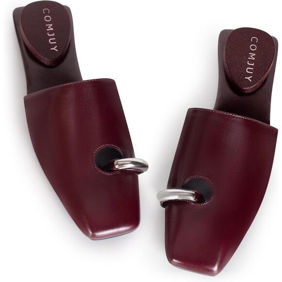 Shoes - Beige Square Toe Mule Sandals Women Slip On Low Kitten Heels Faux Leather Heels